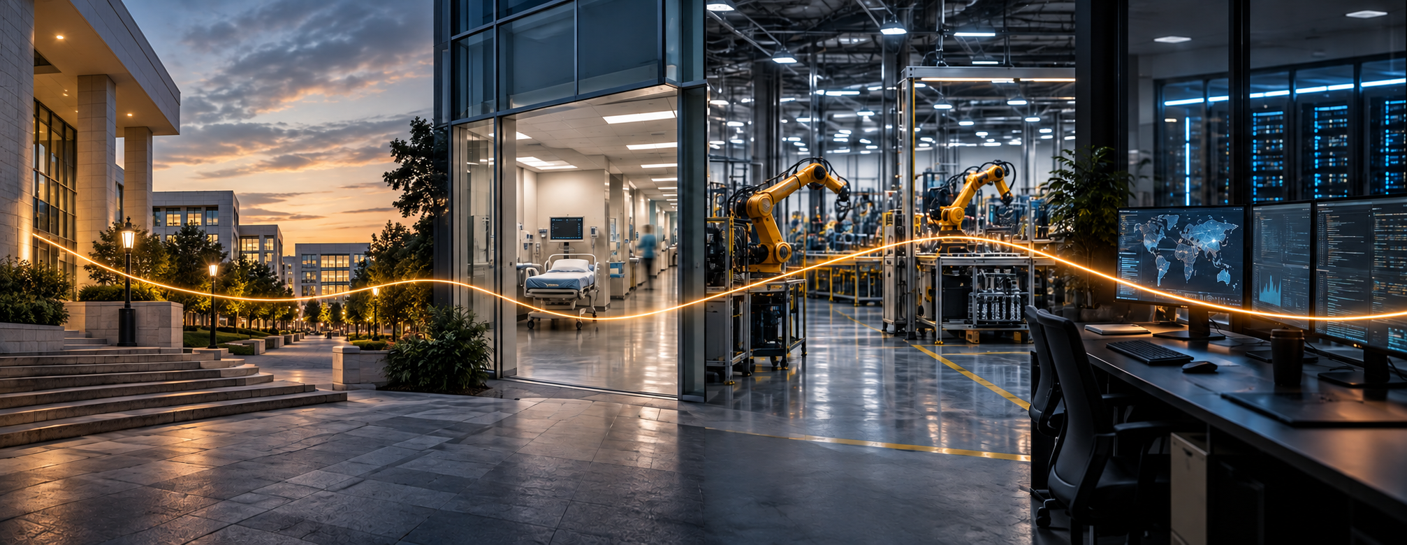 Public service, healthcare, manufacturing, and technology environments connected by one path